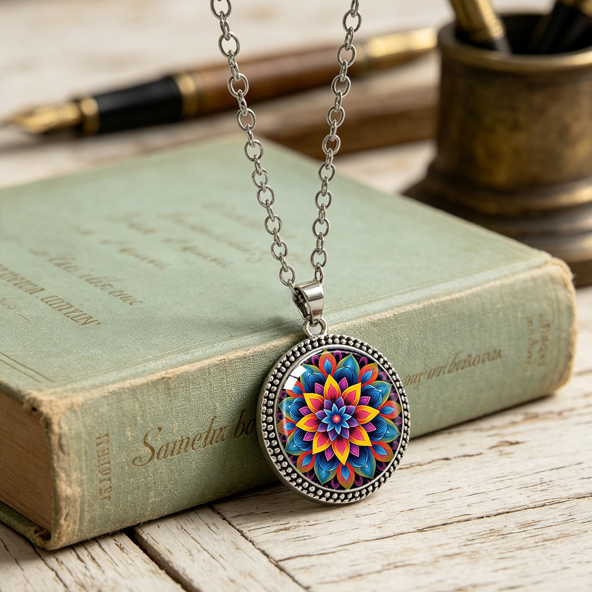 Bright Colorful Floral Pattern Round Pendant Necklace, Bohemian